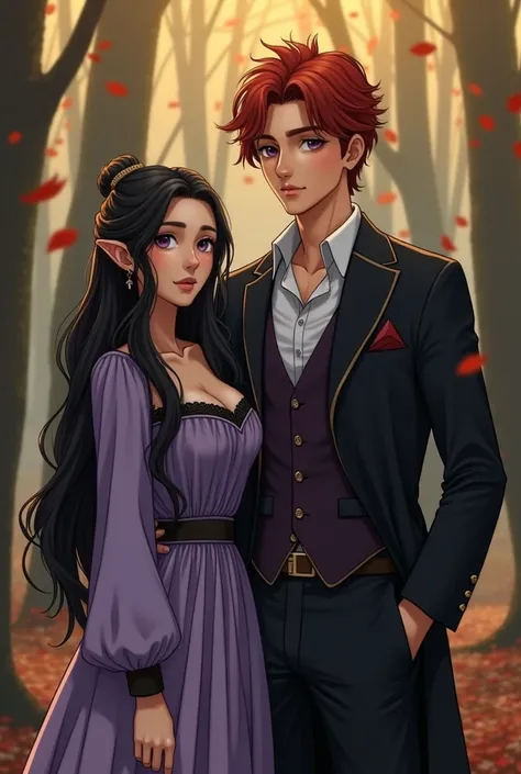 Young couple image 1 ,  Long hair,  black hair,  purple-eyed,  Pointy Ears,  Pointy Ears,  elegant dress in black color , 1 boy, red-haired, short hair, cabelo red-haired,  brown eyes, tall with elegant clothes .