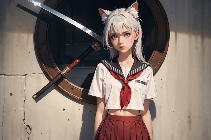 Tattered red and white sailor uniform with a battle-worn design, a silver-haired schoolgirl with cat ears and striking red eyes, a mysterious expression on her face. Her outfit is intricately detailed with a post-apocalyptic style. She wears a decorative w...