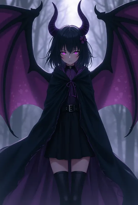 alone,  anime girl , Dragon girl, Dragon wings on black and purple backs, medium black hair,  purple-eyed,  fair skin ,  black and purple cape ,  black clothes,  black pants .
