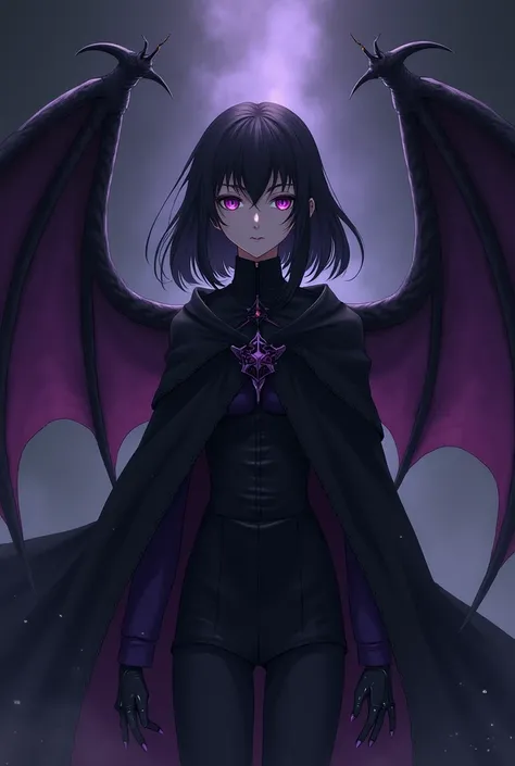 alone,  anime girl , Dragon girl, Dragon wings on black and purple backs, medium black hair,  purple-eyed,  fair skin ,  black and purple cape ,  black clothes,  black pants .
