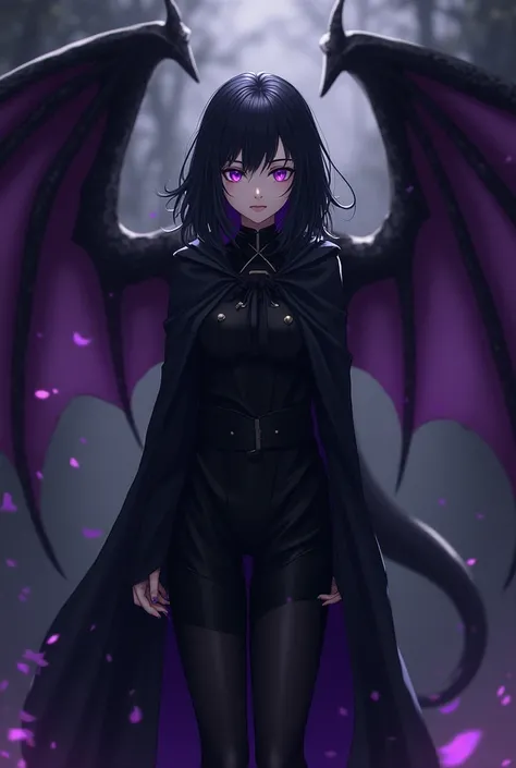 alone,  anime girl , Dragon girl, Dragon wings on black and purple backs, medium black hair,  purple-eyed,  fair skin ,  black and purple cape ,  black clothes,  black pants .
