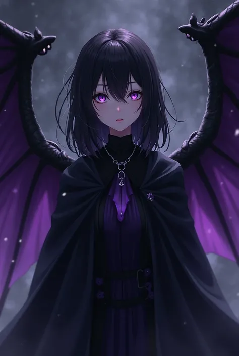 alone,  anime girl , Dragon girl, Dragon wings on black and purple backs, medium black hair,  purple-eyed,  fair skin ,  black and purple cape ,  black clothes,  black pants .
