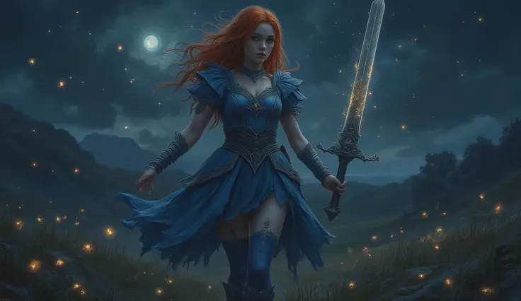 elf girl 8k dressed girl in a half-open blue dress she has blue stockings on her legs her eyes are starry she is standing with a sword that glows with a gray glow. The girl has glowing gold tattoos on her leg The girl stands on the field at night golden fi...