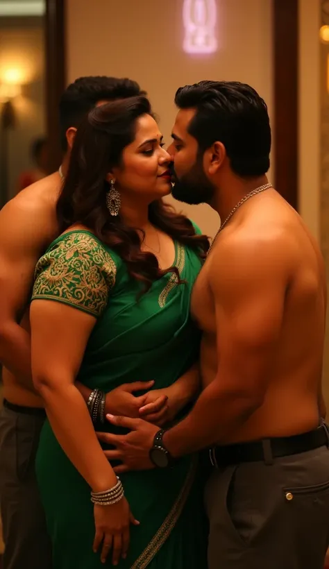 Full body image, side view Full body image, indian hourglass body, Indian plus sized 25 year old Telugu girl syamala, lovely face, mouth slightly open, partially closed eyes, wearing highly embroideried green colour chiffon blouse and green colour body tig...