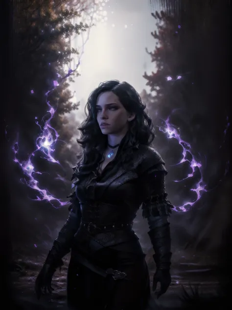 a beautiful woman with long dark hair, piercing violet eyes, sharp features, pale skin, ornate black and purple dress, standing in a magical forest with mystical glowing plants and floating particles, dramatic lighting, ethereal atmosphere, cinematic compo...