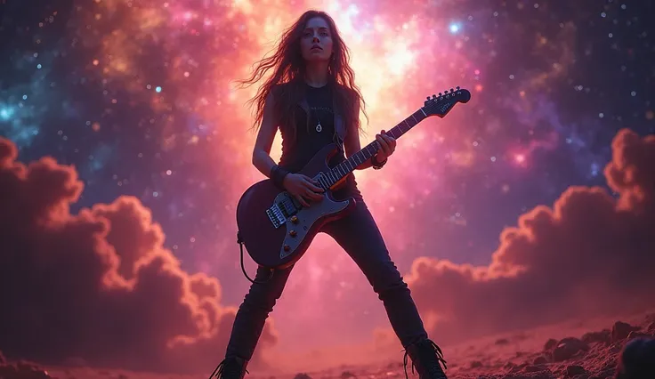 A lone female rocker with long hair, standing confidently and playing an electric guitar. She’s wearing boots and has a fierce, intense expression, embodying the energy of a true rock star. The background is a stunning cosmic scene, filled with vibrant gal...