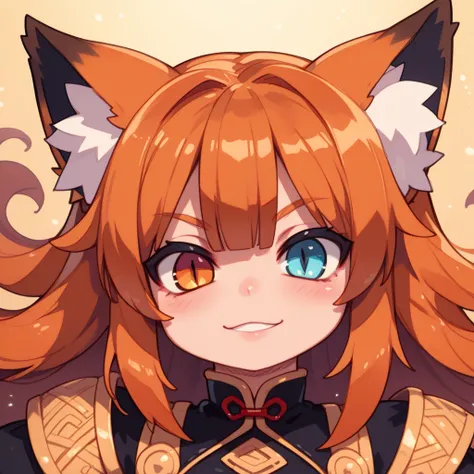  1 woman( heterochromic iridosis eye(Blue and gold ))、 Masterpiece,  top quality,  Amazing Quality ,   very aesthetic  ,  high resolution,  Super Detail,   is ridiculous、indoor(Blacksmith)、 Orange Hair( very short( Unkempt Hair)、 fox ear)、black shiny long ...