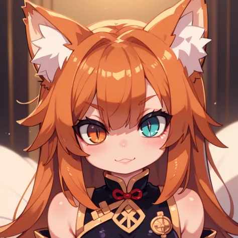  1 woman( heterochromic iridosis eye(Blue and gold ))、 Masterpiece,  top quality,  Amazing Quality ,   very aesthetic  ,  high resolution,  Super Detail,   is ridiculous、indoor(Blacksmith)、 Orange Hair( very short( Unkempt Hair)、 fox ear)、black shiny long ...