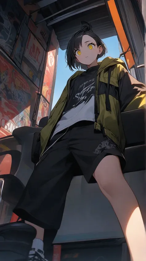   high resolution,   boyish,    in the seat,    black hair,   shortcuts,   asymmetrical hairstyle  ,  Asymmetrical bangs,   yellow eyes, Round and round eyes ,   skater-style street fashion,   standing,  薄 dark部屋, The point of view is oblique from below , ...