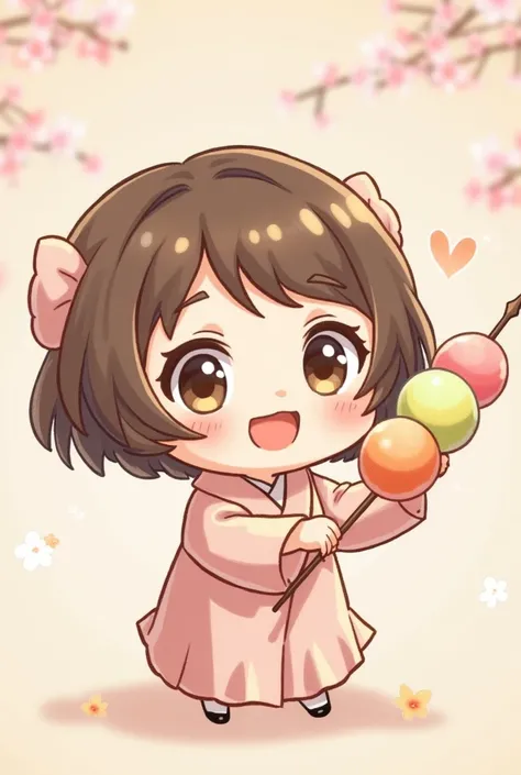 can you make a chibi with hanami dango in her right hand and she's smiling like a happy  
