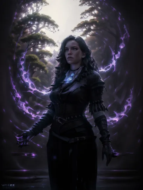 a beautiful woman with long dark hair, piercing violet eyes, sharp features, pale skin, ornate black and purple dress, standing in a magical forest with mystical glowing plants and floating particles, dramatic lighting, ethereal atmosphere, cinematic compo...