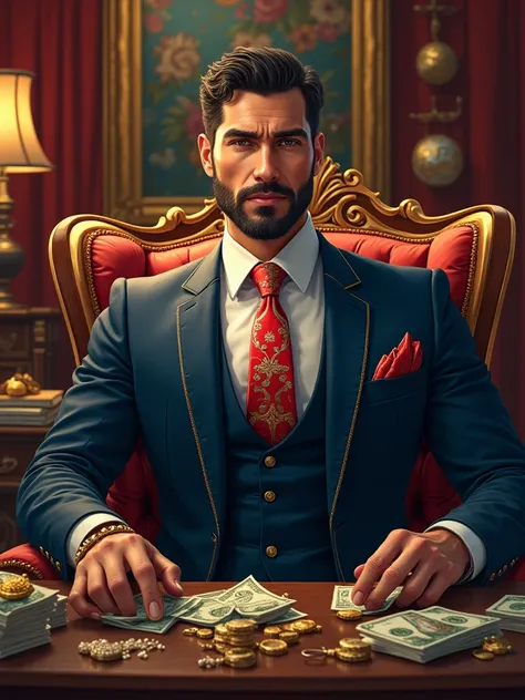 Create an Illustrated and very colorful image of a very rich man, With beautiful clothes and full of money 