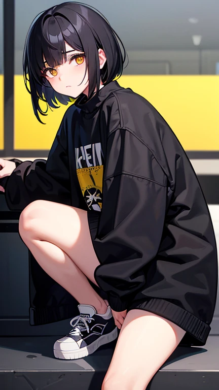   high resolution,   boyish,    in the seat,    black hair,   shortcuts,   asymmetrical hairstyle  ,  Asymmetrical bangs,   yellow eyes, Round and round eyes ,   skater-style street fashion,   standing,  薄 dark一人部屋,  The viewpoint is slightly oblique from ...