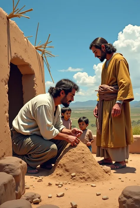  Make Jesus watching a man build a house for his family of young ren and his wife. The builder is making a house out of clay and straw. The builder looks like a Mexican man. 