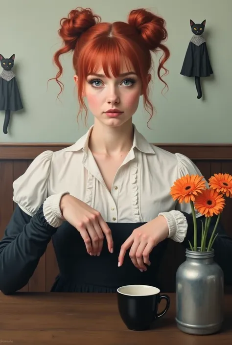 Prompt: Oil painting is a pictorial portrait in a style reminiscent of magical realism. In the center of the painting is a beautiful big breast young woman with red hair gathered in two pigtails. She is dressed in a black dress with a white collar and cuff...