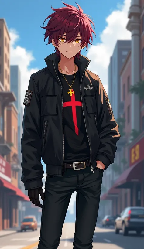 Create a boy with anime style and New Meridian city background.
The boy's characteristics are:

appearance:20 years, wine-colored hair, book hairstyle, Golden eyes.

Clothes: black shirt with red cross upside down, yellow cross pendant,  Black leather jack...