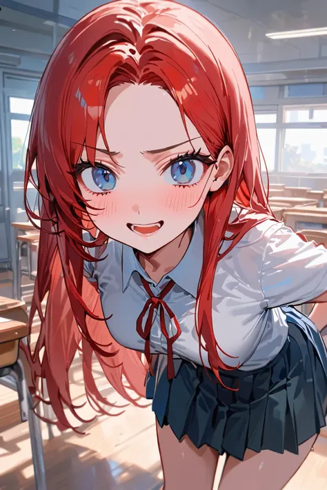  top quality,  super high resolution, 1 woman, ( cute:1.4),  blue eyes, black eyes, Red hair,  can see the forehead,  long hair, 20 years old,  happy expression , classroom, bitch,  cute눈, One side of the hair falls behind the ear,  FULL BODY, school_unifo...