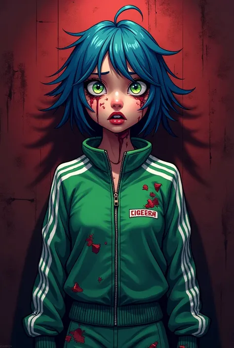 "Full-body pixel art of Azucarilla, a vibrant but now traumatized young woman with short, messy blue hair. She wears a torn and dirtied green tracksuit with white stripes, resembling the Squid Game outfit. Her eyes are wide open, unfocused, and filled with...