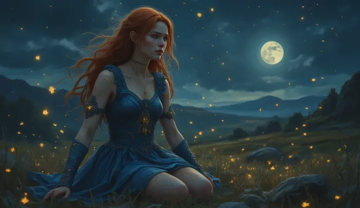 elf girl 2k dressed girl in a transparent blue dress she has blue-gold stockings on her legs her eyes are starry she is on her knees looking at the sky the girl has glowing gold tattoos on her leg The girl stands on the field at night golden fireflies fly ...