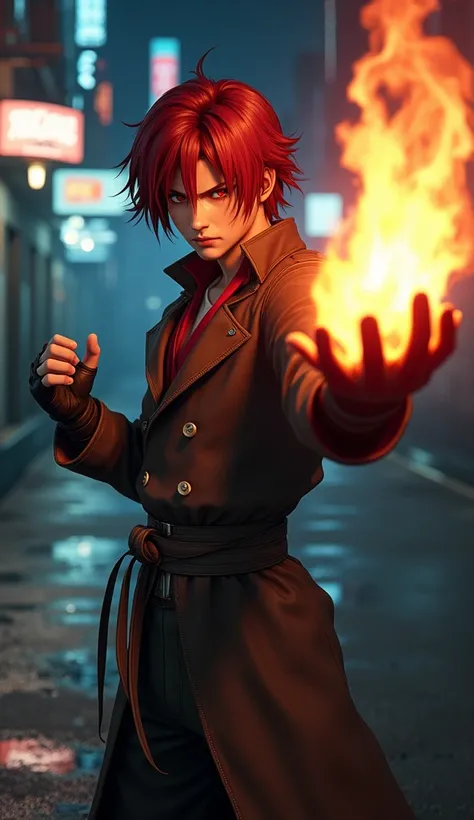  Create an ultra-realistic image of Kyo Kusanagi ,  the charismatic and determined protagonist of The King of Fighters .  He must be portrayed in his classic costume :  a modified Japanese school uniform , wearing a dark brown coat ,  red details and a whi...