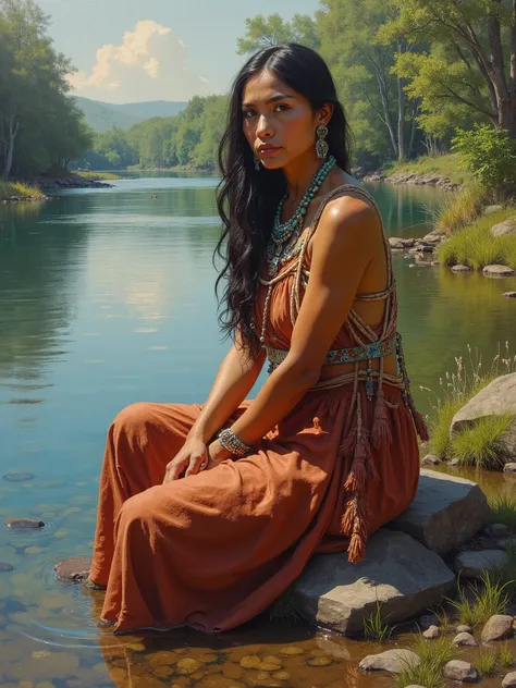 Create an oil painting in style of Pino Daeni, ultra-high definition, 8K resolution, featuring a Native American female. The female should be depicted with intricate detail, embodying the essence of a masterpiece. she is stitting on a rock by riverbank, ga...