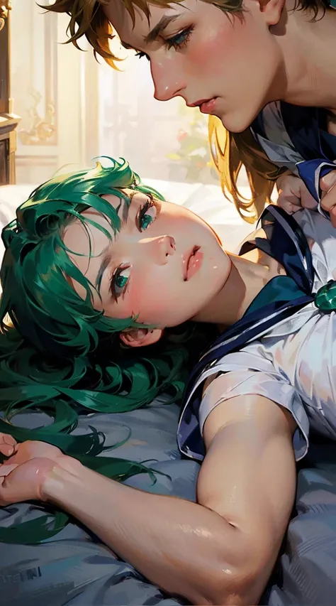  Sailor Neptune and Sailor Uranus Lying in a Bed of Roses。 artgerm、 Muscle Tone and Definition 、 Alphonse Mucha 、 William Adolphe Bouguereau 、Works by Stephanie Law 。 8k resolution、 dynamic lighting、 colorful lighting、 real 。