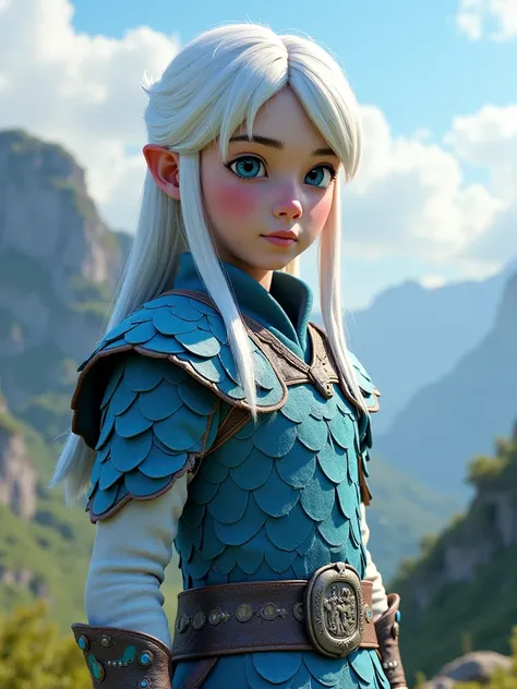 Please create a  age viking from the world of "how to train your dragon" with blue eyes, long straight white hair and pale skin while wearing a light fury scale costume?