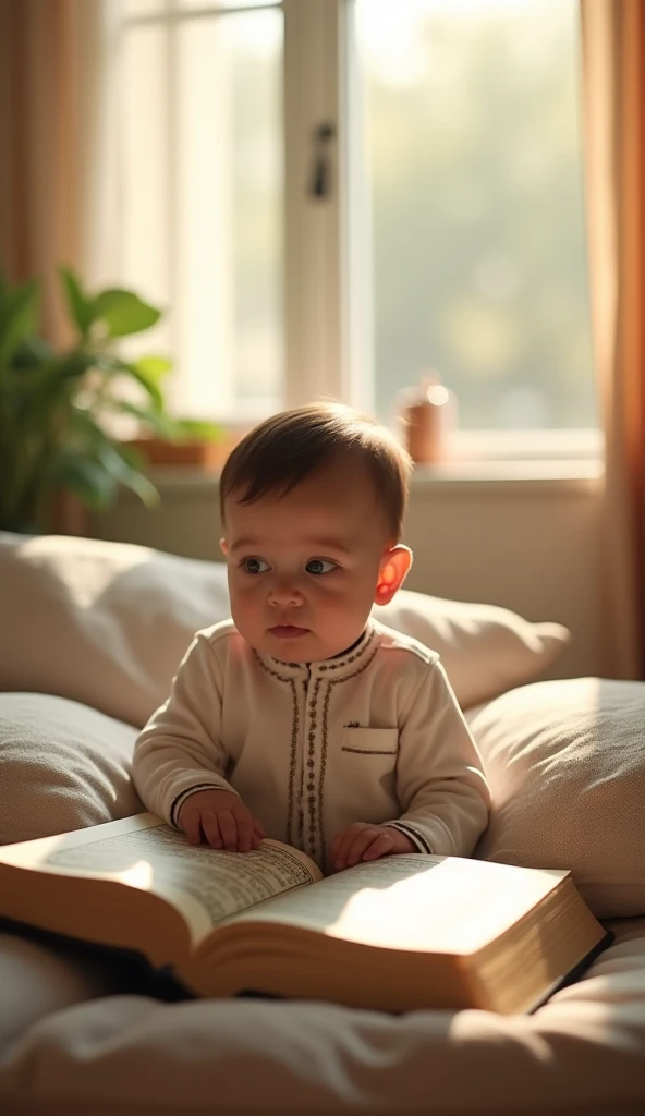 4. A Peaceful Corner at Home: A baby is sitting in a cozy corner of his home, surrounded by soft cushions, with an open Quran in front of him. Sunlight streams in through a window behind him, creating a serene atmosphere.