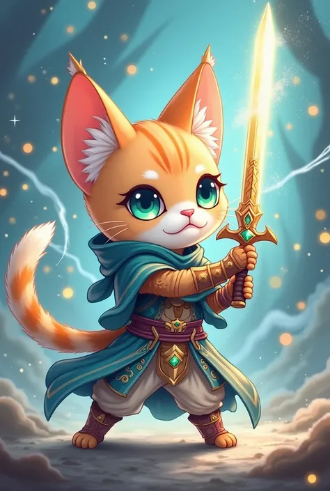 Anime style cute cat magic warrior holds a sacred sword with ether wings on its back