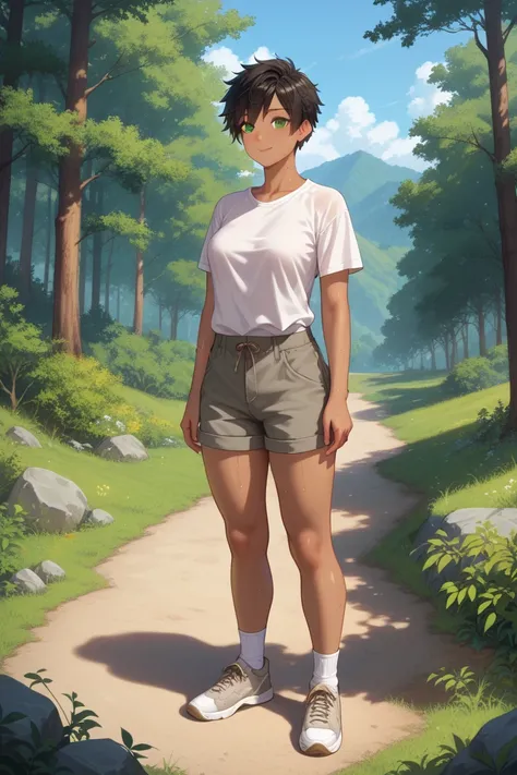 1girl. tomboy. athletic body. medium breasts. tanned skin. dark green eyes. wearing grey cargo shorts, white socks, sneakers, plain white t-shirt. detailed face. black hair color, detailed hair, pixie style hair. full of details. forest. sweaty. excited ex...