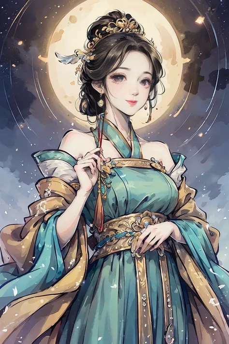  Masterpiece,   top quality,   top quality,   Official Art,  beautiful illustration art,   1 beautiful woman、 whole body、 BRIGHT栗色の長い髪、 colorful、 very detailed、 beautiful face、 beautiful brown eyes 、smile、 perfect style、Images of the fantasy film Divine Re...