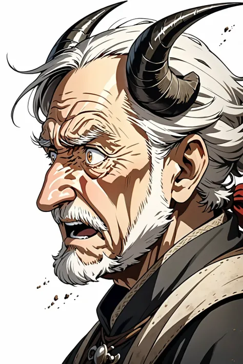 Medieval period、Western European old man anime style
Black horns are growing。profile,Surprised expression background, dust, and desolation