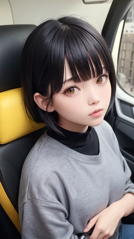   high resolution,   boyish,    in the seat,    black hair,   shortcuts,   asymmetrical hairstyle  ,  Asymmetrical bangs,   yellow eyes, Round and round eyes, Round eyes,  street fashion, slightly oversized bottoms,  standing,  薄 dark一人部屋,  The viewpoint i...