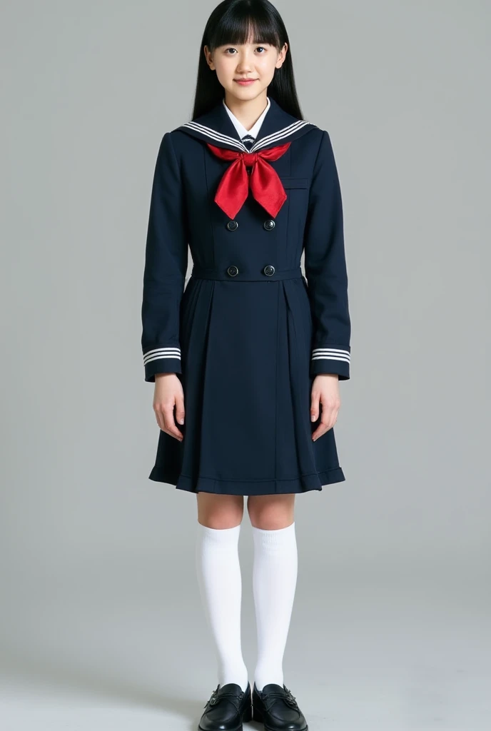  navy blue sailor suit　 red scarf　20 years old　 white high socks　Black leather shoes　School