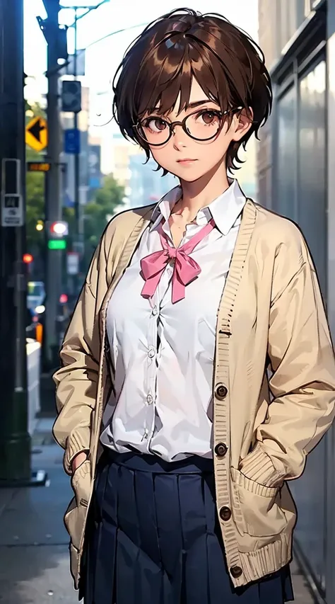 (tomboy, very short hair, pixie cut, brown hair, circle-glasses), cute, Adorable, Beauty, perfect female body, (((((Lightly tanned skin))))), ((pink cardigan, open cardigan)), (((white shirt))), red neck ribbon, navy pleated skirt, school, school hallway, ...