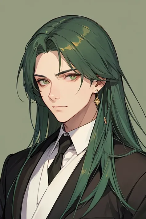 Man with golden eyes .
Straight long dark green hair
Graphite suit 
Earrings 
Night background .