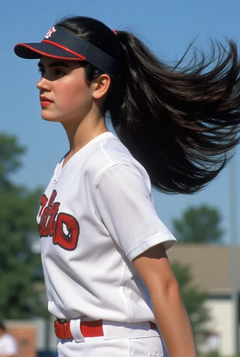 (masterpiece, best quality:1.2), a beautiful girl, Jennifer Connelly at age 16, whole body photo, she is playing baseball as a pitcher., she is just pitching with her all might., large breasts for her slender body, dymanic photo, her perkily vivid young bo...