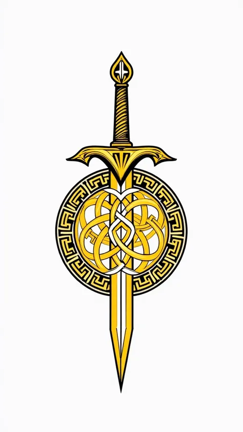 Yellow white sword circle shield Irish Celtic logo Irish Celtic Influence: The overall design reflects the artistry and symbolism of Irish Celtic culture, emphasizing themes like protection, warrior spirit tattoo white background