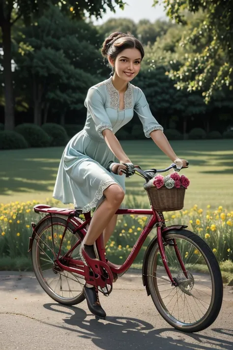  An elegant 19th century woman ,  wearing a sophisticated Victorian dress ,  of soft colors and delicate details ,  pedaling happily on a bicycle Classic of the time.  The setting is a flowery and serene field ,  with the soft afternoon sun illuminating he...