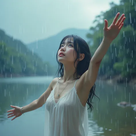  high definition, real live action、Beautiful girl with small breasts looking up to heaven and asking for help, Holy Shrine Maiden Musume、Heavy rain、 white see-through camisole only、A figure asking for help from God and making a wish with the whole body 、 l...