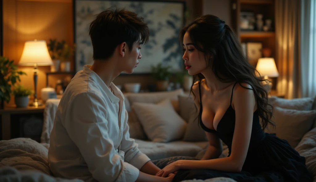 There was a tense moment when Arga, a handsome 19 year old Japanese man wearing a white shirt and jeans, chatted on the phone with Vina, who has big breasts, who is beautiful in an elegant black dress, aged 40, whose expression was a mixture of anxiety and...