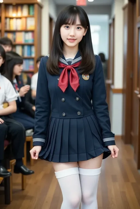  navy blue sailor suit　 red scarf　20 years old　 white high socks　Black leather shoes　School　Cotton Panties 