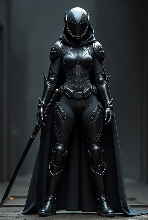 Realistic woman, full body, black full body armor, with a black samurai sword, darkness background, dark aura, high detail armor, full body pict, photo up to foot