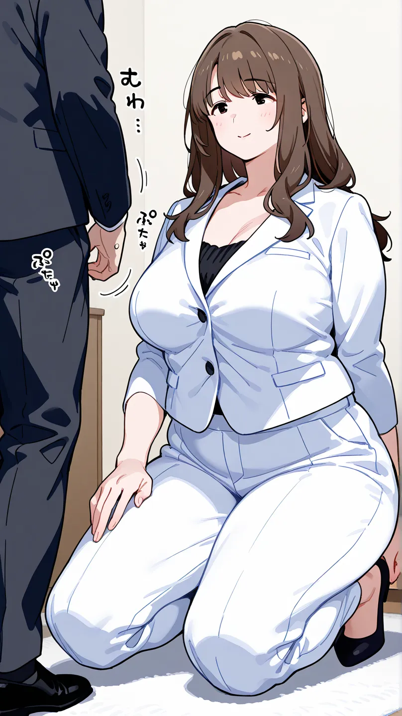 milf, mature women,brown hair,suit,灰色suit, Elegant attire, Chubby Woman , Beautiful Woman ,long hair,  whole body,  Batting Chest , Patting Clothes , woman in pants beating, Precise anatomy , Woman crouching, kneeling, hips covered by pants  , frontal view...