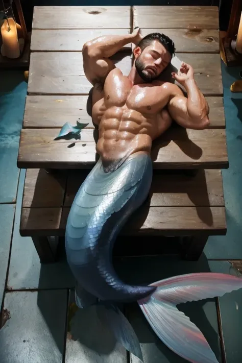 Muscular male merman with blue mermaid tail lying and sleeping on wood table. Merman is wet and oiled ,  cracked and greasy. It is very much oiled and wet. black hair, black beard.