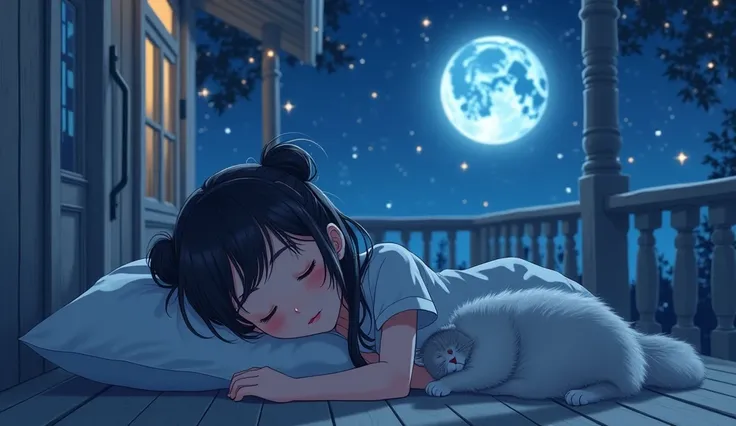  Image of a young white girl ,  anime-style with long shiny black hair with fringe ,  hair tied in two messy side bunches , Lying happily asleep , using headphones,  and in the background the porch door is open showing a beautiful moonlit night with a star...