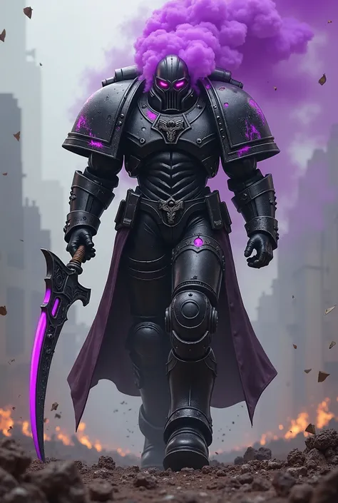 Tall male, 40k armor billowing purple smoke, wielding scythe, 40k space marine chaplain, no power pack, damaged armor, black armor purple accents, primaris helmet, decay, battared, grimdark