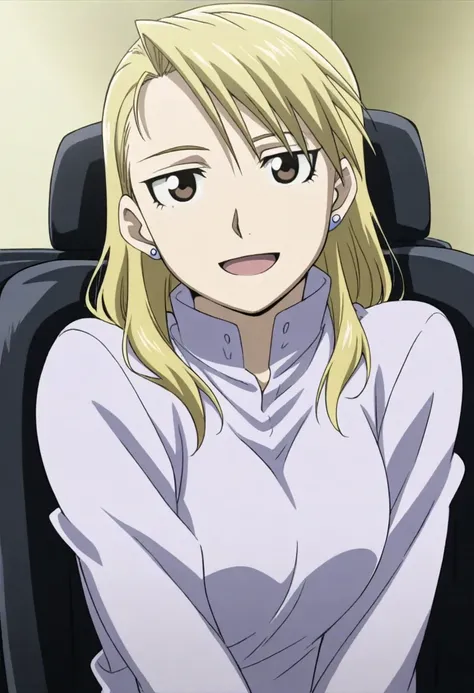   Anime Screen Capture  ,   Anime Coloring,   detailed face,
   Girl Sitting on a Chair,  pancakes that have been half eaten are on ,
Riza Hawkeye,   in the seat,  alone,     blonde hair  ,   short hair,     hair down    ,   brown eyes,   earrings,     jew...