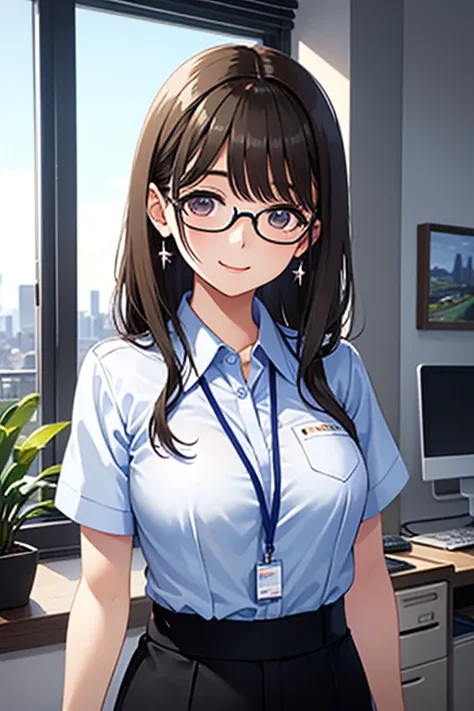 anegasaki nene, shiny chestnut hair, (brown pretty eyes, sparkling eyes, fine eyes), smiling face, super detailed eyes, highly detailed face, highly detailed eyes, (masterpiece:1.2, best quality), 1 girl, cowboy shot, 



In an office environment、 A young ...