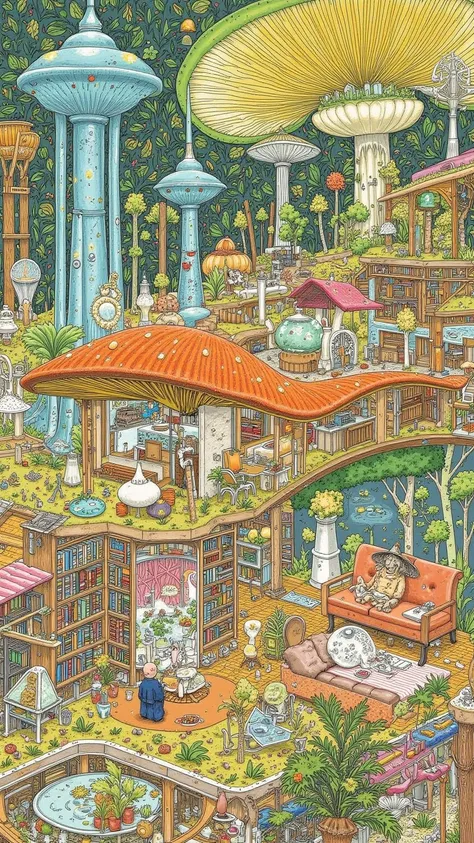 童話の様な多層デザインの家のSectional viewを掲載した芸術的なポスター,  Little Man's Mansion , Allegorical Design , Utopia Mansion , Design that imitates mushrooms and acorns ,Futuristic form,Sectional view, Little Little Man with a Poison Hat inside a building , Smooth Design Sketch...